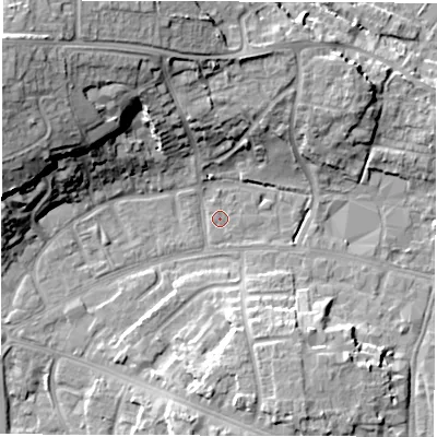 Shaded relief map of the ground around OX286PT, computed from Environment Agency LiDAR. The ground here sits at about 80 m above sea level and falls 20 m across the surrounding 800 m. Surface water reaching this point runs off ground lying to the south-south-east, 9.6 m higher.