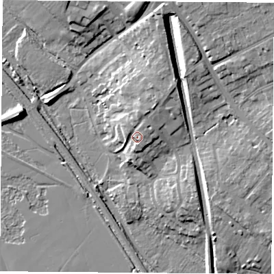 Shaded relief map of the ground around OX28AH, computed from Environment Agency LiDAR. The ground here sits at about 65 m above sea level and falls 16 m across the surrounding 800 m. Surface water reaching this point runs off ground lying to the north-north-east, 4.8 m higher.