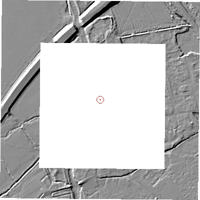 Shaded relief map of the ground around OX28FN, computed from Environment Agency LiDAR. and falls 8 m across the surrounding 800 m.