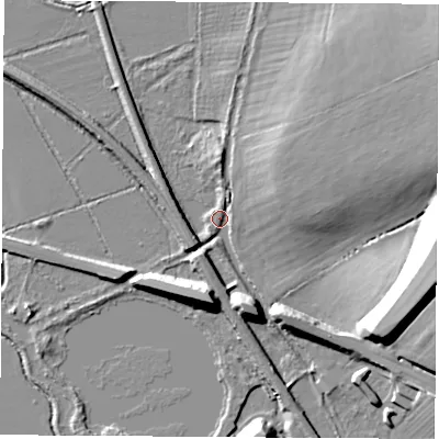Shaded relief map of the ground around OX28JT, computed from Environment Agency LiDAR. The ground here sits at about 60 m above sea level and falls 17 m across the surrounding 800 m. Surface water reaching this point runs off ground lying to the east-north-east, 10.3 m higher.