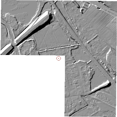 Shaded relief map of the ground around OX28NX, computed from Environment Agency LiDAR. and falls 12 m across the surrounding 800 m. The ground contributing surface water to this point lies to the north-east.