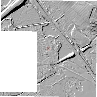 Shaded relief map of the ground around OX28PA, computed from Environment Agency LiDAR. The ground here sits at about 58 m above sea level and falls 13 m across the surrounding 800 m. Surface water reaching this point runs off ground lying to the north-north-east, 0.9 m higher.