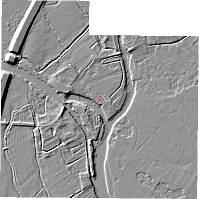 Shaded relief map of the ground around OX28PJ, computed from Environment Agency LiDAR. The ground here sits at about 58 m above sea level and falls 8 m across the surrounding 800 m. Surface water reaching this point runs off ground lying to the east, 0.6 m higher.