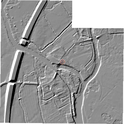 Shaded relief map of the ground around OX28PN, computed from Environment Agency LiDAR. The ground here sits at about 59 m above sea level and falls 9 m across the surrounding 800 m. Surface water reaching this point runs off ground lying to the west-south-west, 3.2 m higher.