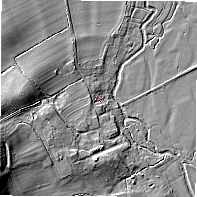 Shaded relief map of the ground around OX28QN, computed from Environment Agency LiDAR. The ground here sits at about 60 m above sea level and falls 26 m across the surrounding 800 m. Surface water reaching this point runs off ground lying to the south-south-west, 7.9 m higher.