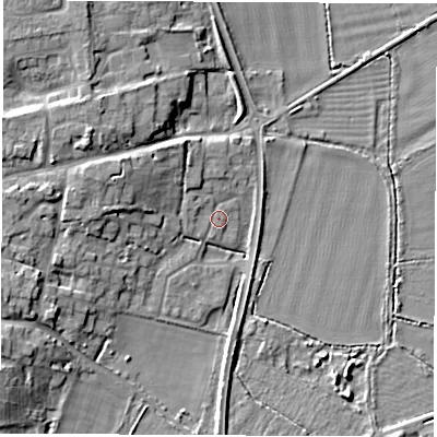 Shaded relief map of the ground around OX294AZ, computed from Environment Agency LiDAR. The ground here sits at about 62 m above sea level and falls 9 m across the surrounding 800 m. Surface water reaching this point runs off ground lying to the north-west, 1.3 m higher.
