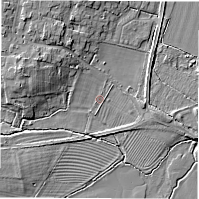 Shaded relief map of the ground around OX294BS, computed from Environment Agency LiDAR. The ground here sits at about 61 m above sea level and falls 10 m across the surrounding 800 m. Surface water reaching this point runs off ground lying to the north-west, 8.5 m higher.
