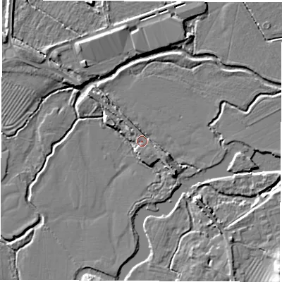 Shaded relief map of the ground around OX294BT, computed from Environment Agency LiDAR. The ground here sits at about 61 m above sea level and falls 7 m across the surrounding 800 m. Surface water reaching this point runs off ground lying to the east-south-east, 3.1 m higher.