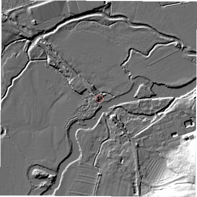 Shaded relief map of the ground around OX294BX, computed from Environment Agency LiDAR. The ground here sits at about 61 m above sea level and falls 27 m across the surrounding 800 m. Surface water reaching this point runs off ground lying to the south-west, 3.8 m higher.