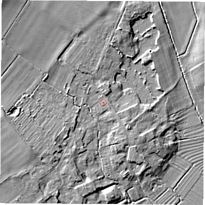 Shaded relief map of the ground around OX294EL, computed from Environment Agency LiDAR. The ground here sits at about 64 m above sea level and falls 11 m across the surrounding 800 m. Surface water reaching this point runs off ground lying to the north-west, 7.0 m higher.