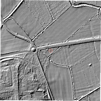 Shaded relief map of the ground around OX294EN, computed from Environment Agency LiDAR. The ground here sits at about 62 m above sea level and falls 8 m across the surrounding 800 m. Surface water reaching this point runs off ground lying to the west-south-west, 1.9 m higher.