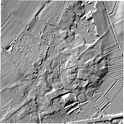 Shaded relief map of the ground around OX294EP, computed from Environment Agency LiDAR. The ground here sits at about 64 m above sea level and falls 8 m across the surrounding 800 m. Surface water reaching this point runs off ground lying to the north-west, 5.1 m higher.
