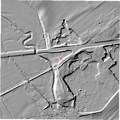 Shaded relief map of the ground around OX294EU, computed from Environment Agency LiDAR. The ground here sits at about 65 m above sea level and falls 10 m across the surrounding 800 m. Surface water reaching this point runs off ground lying to the east, 3.5 m higher.