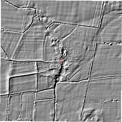 Shaded relief map of the ground around OX295AP, computed from Environment Agency LiDAR. The ground here sits at about 62 m above sea level and falls 3 m across the surrounding 800 m. Surface water reaching this point runs off ground lying to the west-south-west, 2.0 m higher.