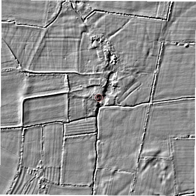 Shaded relief map of the ground around OX295AR, computed from Environment Agency LiDAR. The ground here sits at about 62 m above sea level and falls 3 m across the surrounding 800 m. Surface water reaching this point runs off ground lying to the west-south-west, 2.2 m higher.