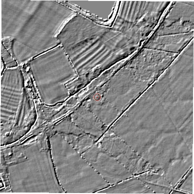 Shaded relief map of the ground around OX295AX, computed from Environment Agency LiDAR. The ground here sits at about 63 m above sea level and falls 3 m across the surrounding 800 m. Surface water reaching this point runs off ground lying to the west, 1.3 m higher.