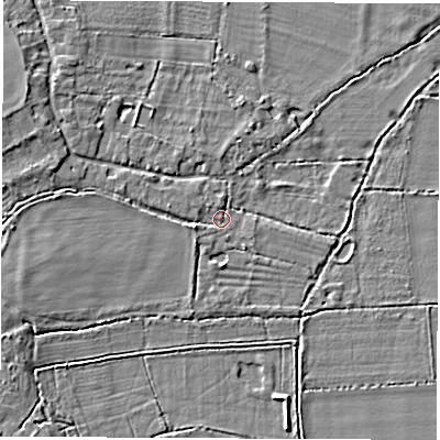 Shaded relief map of the ground around OX295RH, computed from Environment Agency LiDAR. The ground here sits at about 62 m above sea level and falls 8 m across the surrounding 800 m. Surface water reaching this point runs off ground lying to the west, 3.5 m higher.