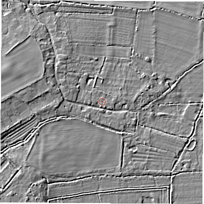 Shaded relief map of the ground around OX295RU, computed from Environment Agency LiDAR. The ground here sits at about 63 m above sea level and falls 8 m across the surrounding 800 m. Surface water reaching this point runs off ground lying to the west, 0.8 m higher.