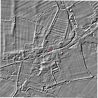 Shaded relief map of the ground around OX295SX, computed from Environment Agency LiDAR. The ground here sits at about 64 m above sea level and falls 2 m across the surrounding 800 m. Surface water reaching this point runs off ground lying to the west-south-west, 1.3 m higher.