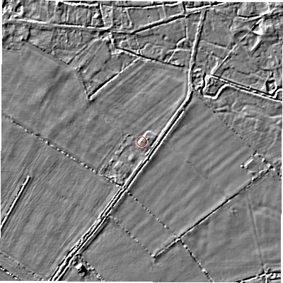 Shaded relief map of the ground around OX295TE, computed from Environment Agency LiDAR. The ground here sits at about 64 m above sea level and falls 3 m across the surrounding 800 m. Surface water reaching this point runs off ground lying to the east-north-east, 0.9 m higher.
