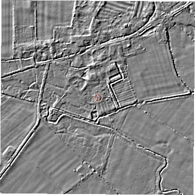 Shaded relief map of the ground around OX295UH, computed from Environment Agency LiDAR. The ground here sits at about 63 m above sea level and falls 2 m across the surrounding 800 m. Surface water reaching this point runs off ground lying to the north-north-west, 1.1 m higher.