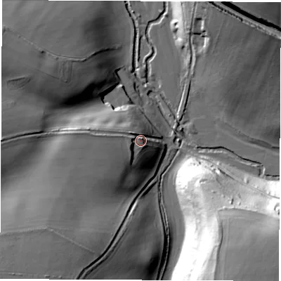 Shaded relief map of the ground around OX296QQ, computed from Environment Agency LiDAR. The ground here sits at about 89 m above sea level and falls 43 m across the surrounding 800 m. Surface water reaching this point runs off ground lying to the west, 11.0 m higher.