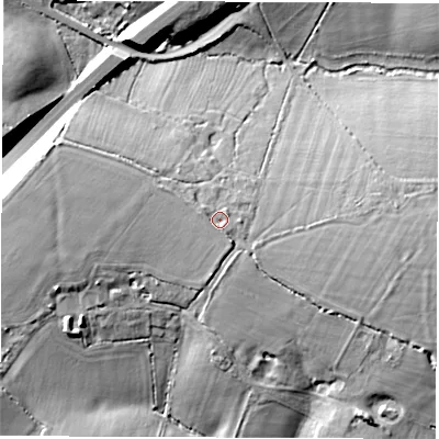 Shaded relief map of the ground around OX296UN, computed from Environment Agency LiDAR. The ground here sits at about 97 m above sea level and falls 21 m across the surrounding 800 m. Surface water reaching this point runs off ground lying to the west, 3.2 m higher.