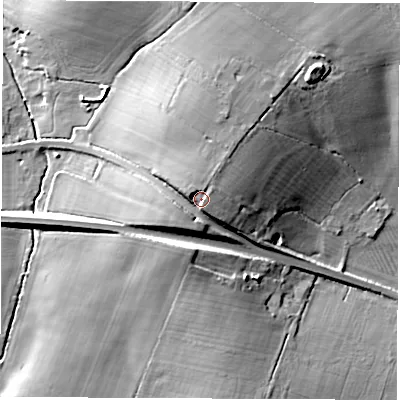 Shaded relief map of the ground around OX296XE, computed from Environment Agency LiDAR. The ground here sits at about 87 m above sea level and falls 22 m across the surrounding 800 m. Surface water reaching this point runs off ground lying to the north, 5.5 m higher.