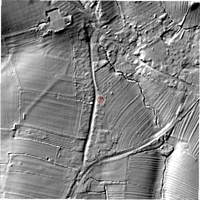 Shaded relief map of the ground around OX297PB, computed from Environment Agency LiDAR. The ground here sits at about 87 m above sea level and falls 16 m across the surrounding 800 m. Surface water reaching this point runs off ground lying to the north-west, 2.8 m higher.