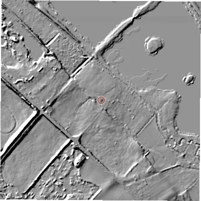 Shaded relief map of the ground around OX297PZ, computed from Environment Agency LiDAR. The ground here sits at about 72 m above sea level and falls 16 m across the surrounding 800 m. Surface water reaching this point runs off ground lying to the west, 11.5 m higher.