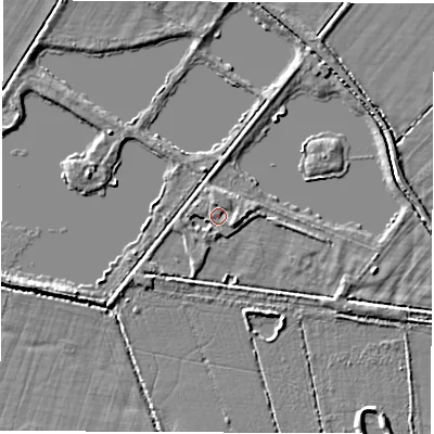 Shaded relief map of the ground around OX297QB, computed from Environment Agency LiDAR. The ground here sits at about 64 m above sea level and falls 3 m across the surrounding 800 m. Surface water reaching this point runs off ground lying to the east, 1.9 m higher.