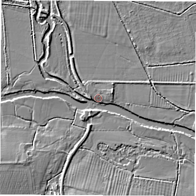 Shaded relief map of the ground around OX297QD, computed from Environment Agency LiDAR. The ground here sits at about 64 m above sea level and falls 6 m across the surrounding 800 m. Surface water reaching this point runs off ground lying to the east-north-east, 2.2 m higher.