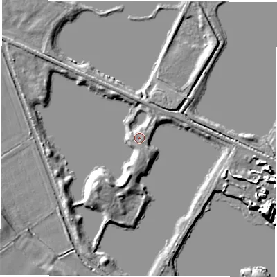 Shaded relief map of the ground around OX297QF, computed from Environment Agency LiDAR. The ground here sits at about 71 m above sea level and falls 10 m across the surrounding 800 m. Surface water reaching this point runs off ground lying to the south, 1.7 m higher.