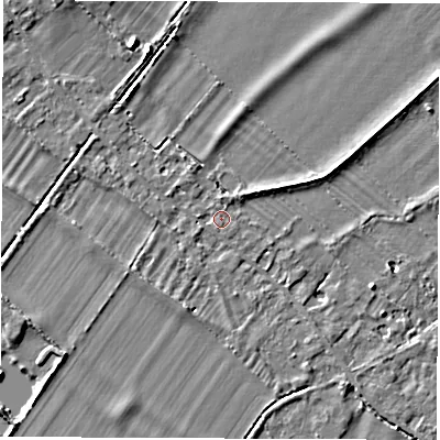 Shaded relief map of the ground around OX297QN, computed from Environment Agency LiDAR. The ground here sits at about 65 m above sea level and falls 5 m across the surrounding 800 m. Surface water reaching this point runs off ground lying to the north-north-east, 1.1 m higher.