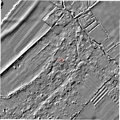 Shaded relief map of the ground around OX297RA, computed from Environment Agency LiDAR. The ground here sits at about 66 m above sea level and falls 6 m across the surrounding 800 m. Surface water reaching this point runs off ground lying to the north, 1.0 m higher.