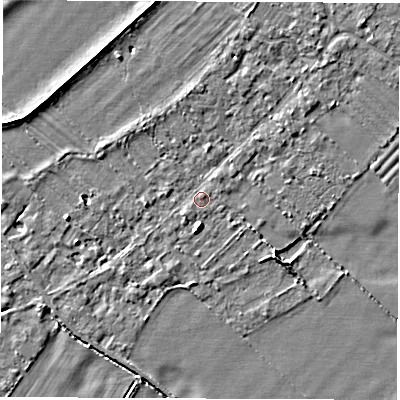 Shaded relief map of the ground around OX297RH, computed from Environment Agency LiDAR. The ground here sits at about 65 m above sea level and falls 4 m across the surrounding 800 m. Surface water reaching this point runs off ground lying to the east-north-east, 0.5 m higher.