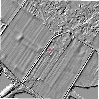 Shaded relief map of the ground around OX297RP, computed from Environment Agency LiDAR. The ground here sits at about 65 m above sea level and falls 3 m across the surrounding 800 m. Surface water reaching this point runs off ground lying to the north-north-east, 1.4 m higher.