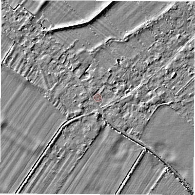 Shaded relief map of the ground around OX297RR, computed from Environment Agency LiDAR. The ground here sits at about 65 m above sea level and falls 4 m across the surrounding 800 m. Surface water reaching this point runs off ground lying to the west-north-west, 1.1 m higher.