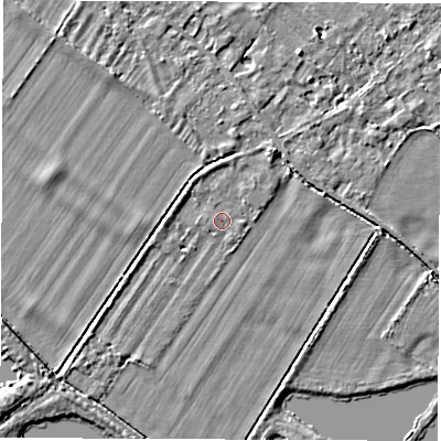 Shaded relief map of the ground around OX297RW, computed from Environment Agency LiDAR. The ground here sits at about 65 m above sea level and falls 4 m across the surrounding 800 m. The ground contributing surface water to this point lies to the north.