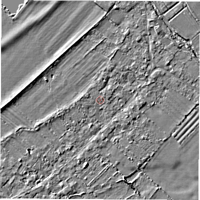 Shaded relief map of the ground around OX297RX, computed from Environment Agency LiDAR. The ground here sits at about 66 m above sea level and falls 3 m across the surrounding 800 m. Surface water reaching this point runs off ground lying to the west, 1.4 m higher.