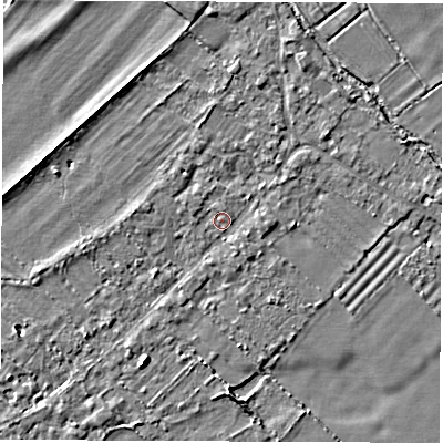 Shaded relief map of the ground around OX297RY, computed from Environment Agency LiDAR. The ground here sits at about 66 m above sea level and falls 3 m across the surrounding 800 m. Surface water reaching this point runs off ground lying to the north, 1.5 m higher.