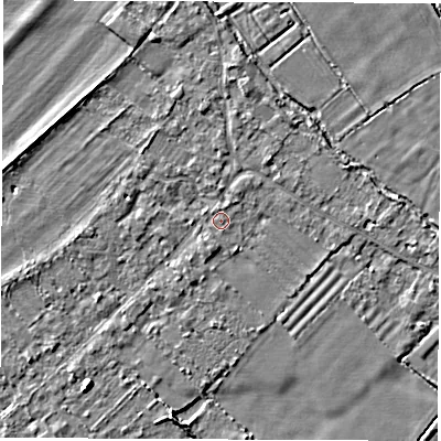 Shaded relief map of the ground around OX297RZ, computed from Environment Agency LiDAR. The ground here sits at about 66 m above sea level and falls 3 m across the surrounding 800 m. Surface water reaching this point runs off ground lying to the south-south-west, 0.8 m higher.