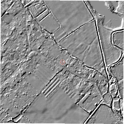 Shaded relief map of the ground around OX297SA, computed from Environment Agency LiDAR. The ground here sits at about 66 m above sea level and falls 3 m across the surrounding 800 m. The ground contributing surface water to this point lies to the east-south-east.