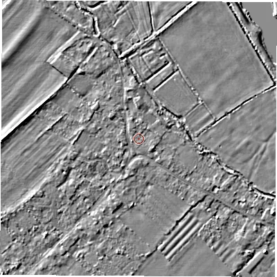 Shaded relief map of the ground around OX297SD, computed from Environment Agency LiDAR. The ground here sits at about 66 m above sea level and falls 3 m across the surrounding 800 m. Surface water reaching this point runs off ground lying to the north, 1.2 m higher.