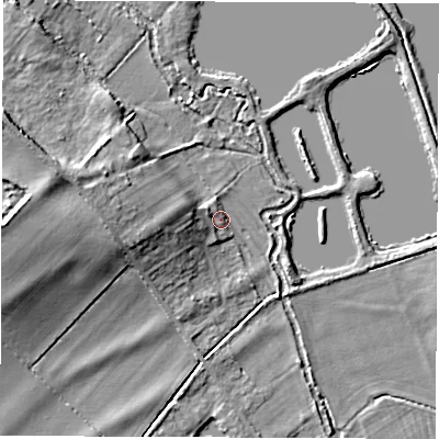 Shaded relief map of the ground around OX297SL, computed from Environment Agency LiDAR. The ground here sits at about 69 m above sea level and falls 11 m across the surrounding 800 m. Surface water reaching this point runs off ground lying to the west, 6.2 m higher.