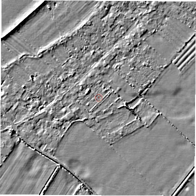 Shaded relief map of the ground around OX297SP, computed from Environment Agency LiDAR. The ground here sits at about 65 m above sea level and falls 4 m across the surrounding 800 m. Surface water reaching this point runs off ground lying to the west-north-west, 2.3 m higher.
