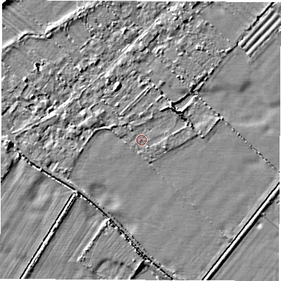 Shaded relief map of the ground around OX297TJ, computed from Environment Agency LiDAR. The ground here sits at about 65 m above sea level and falls 4 m across the surrounding 800 m. Surface water reaching this point runs off ground lying to the north-north-west, 2.7 m higher.