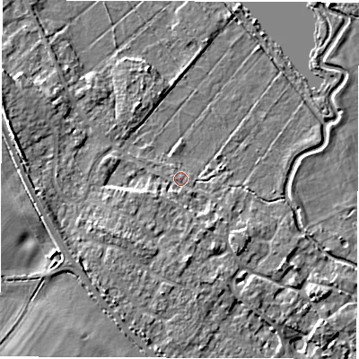 Shaded relief map of the ground around OX297TX, computed from Environment Agency LiDAR. The ground here sits at about 78 m above sea level and falls 5 m across the surrounding 800 m. Surface water reaching this point runs off ground lying to the west-south-west, 2.1 m higher.