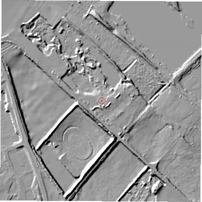 Shaded relief map of the ground around OX297UH, computed from Environment Agency LiDAR. The ground here sits at about 77 m above sea level and falls 15 m across the surrounding 800 m. Surface water reaching this point runs off ground lying to the south-west, 2.7 m higher.