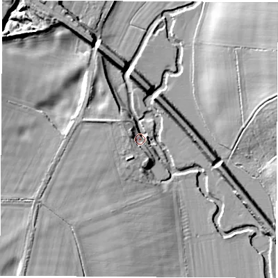 Shaded relief map of the ground around OX298LW, computed from Environment Agency LiDAR. The ground here sits at about 69 m above sea level and falls 14 m across the surrounding 800 m. Surface water reaching this point runs off ground lying to the west-north-west, 6.7 m higher.